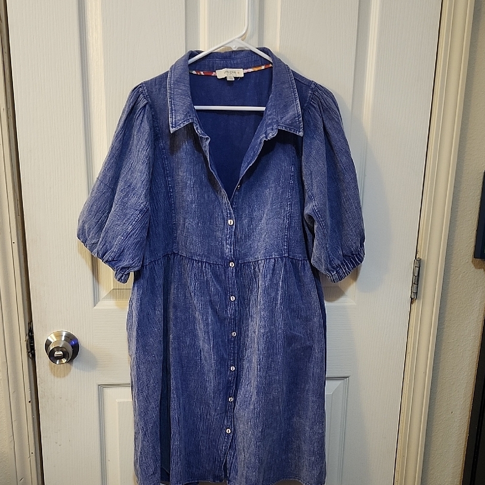 Umgee Blue Midi Sundress with Notched Collar and Puff Sleeves